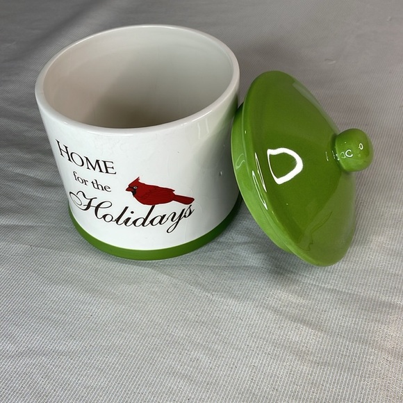 Home For The Holidays Red Cardinal Canister With Lid White Green Christmas Candy - Picture 3 of 9